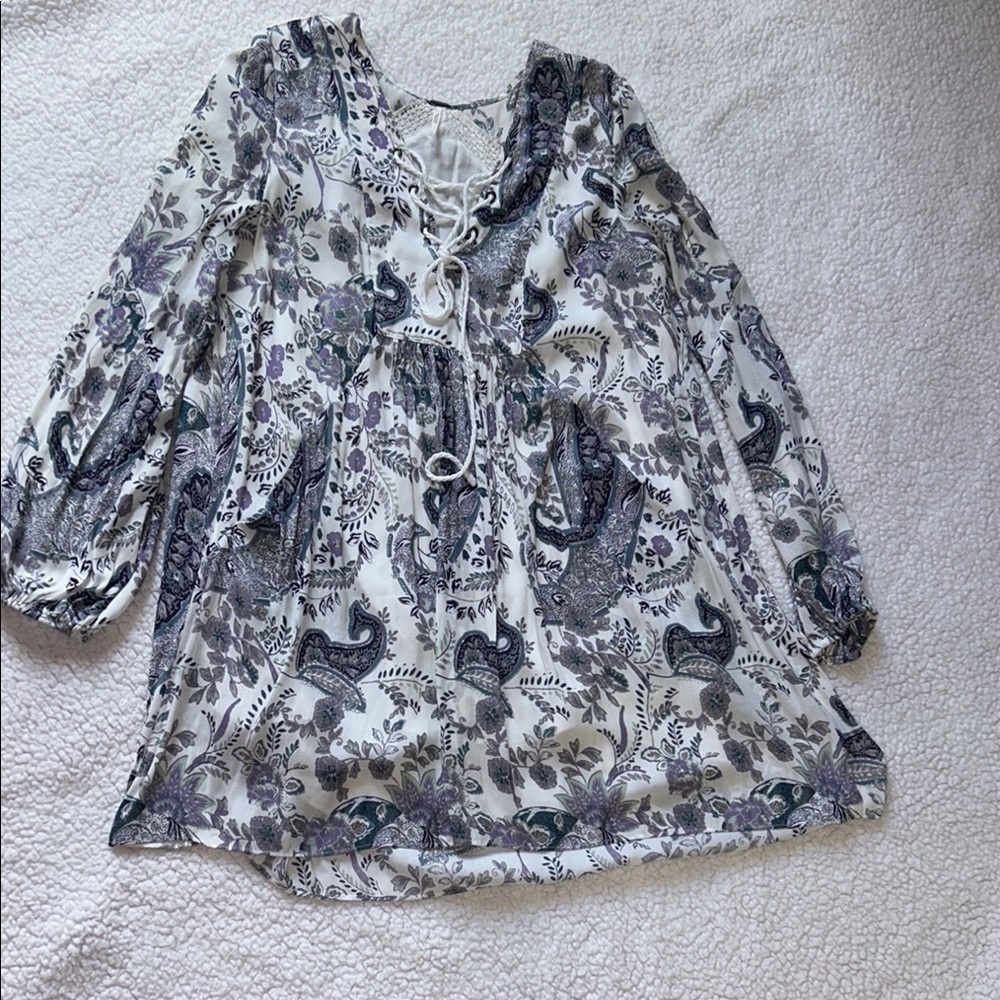 Free People White Graphic Tie Front Blouse